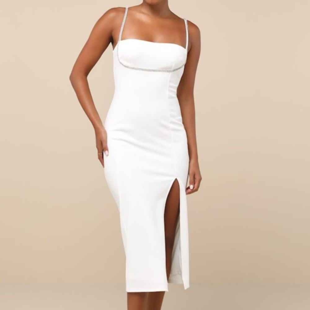 Lulus NWOT Upscale Flirt Ivory Rhinestone Sleeveless Bodycon Midi Dress XS